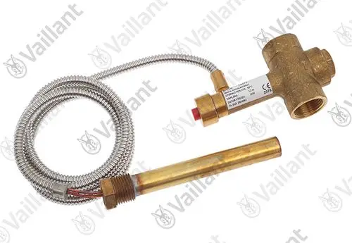 Vaillant Ventil mit zwei Anschlussmöglichkeiten, einem flexiblen Schlauch und einer langen Metallstange, verwendet für thermische Ablaufsicherung in Heizsystemen.